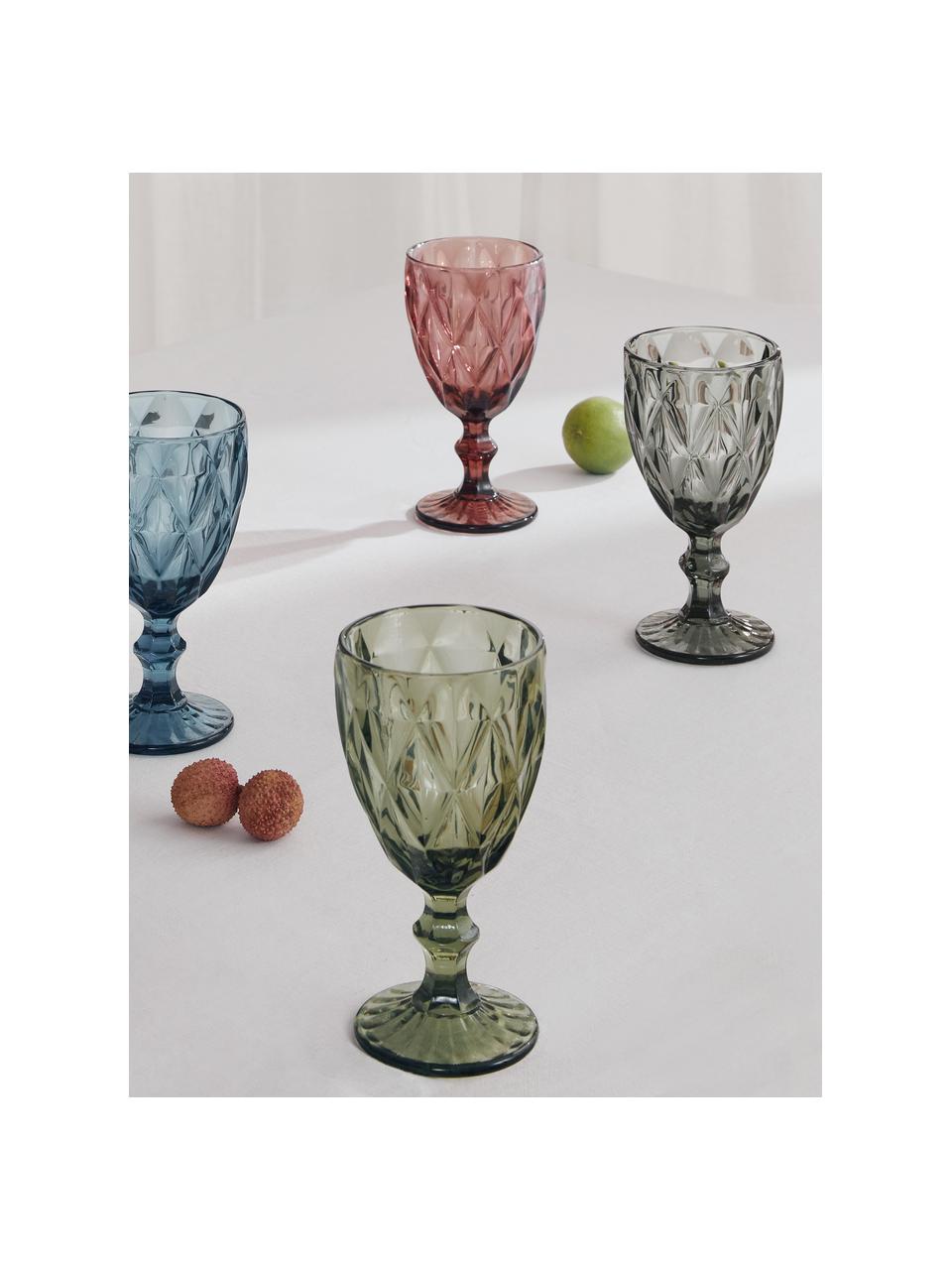 Set 4 bicchieri vino con motivo strutturato Colorado, Vetro, Verde, rosa, blu, grigio, Ø 9 x Alt. 17 cm