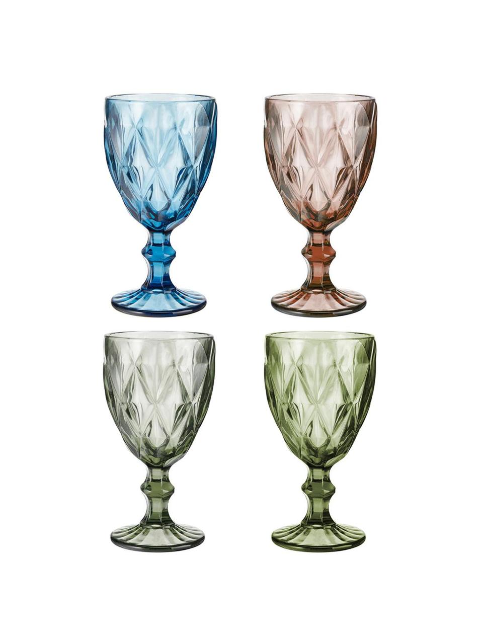 Set 4 bicchieri vino con motivo strutturato Colorado, Vetro, Verde, rosa, blu, grigio, Ø 9 x Alt. 17 cm