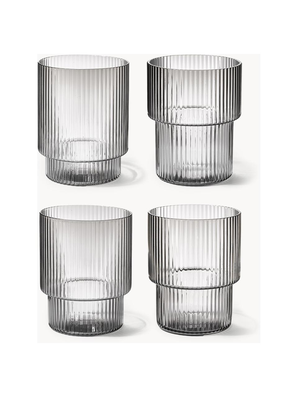 Verres à eau striés soufflés bouche Ripple, 4 élém., Verre, soufflé bouche, Gris, transparent et haute brillance, Ø 7 x haut. 9 cm, 200 ml