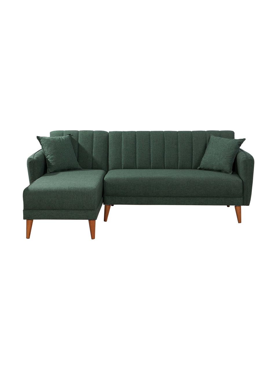 Sofa narożna z lnu z funkcją spania Aqua (3-osobowa), Tapicerka: len, Stelaż: drewno rogowe, metal, Nogi: drewno naturalne, Zielony, S 225 x G 145 cm