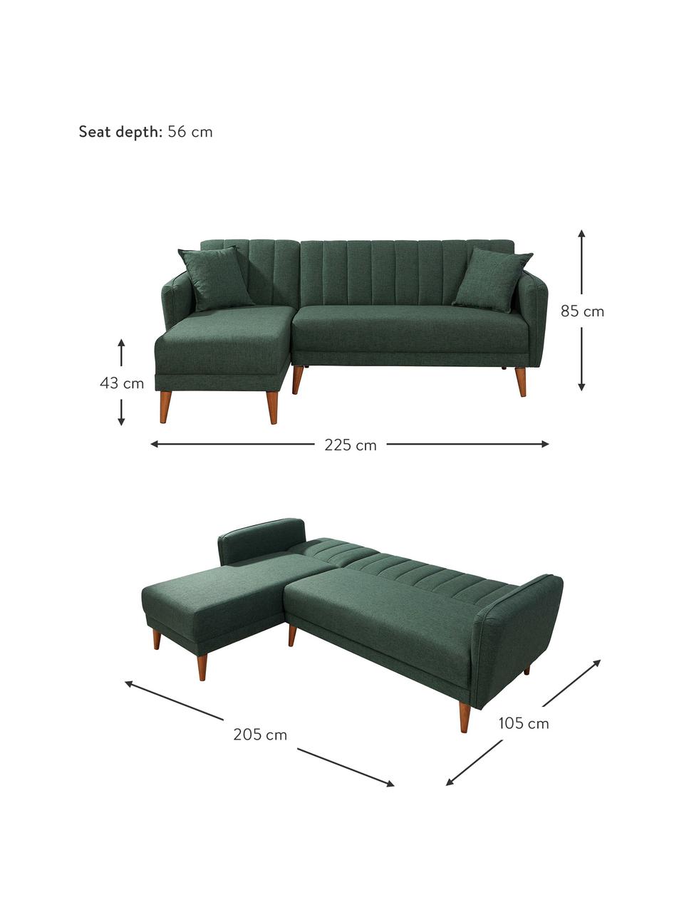 Leinen-Ecksofa Aqua (3-Sitzer) mit Schlaffunktion, Bezug: Leinen, Gestell: Hornbaumholz, Metall, Füße: Holz, Grün, B 225 x T 145 cm