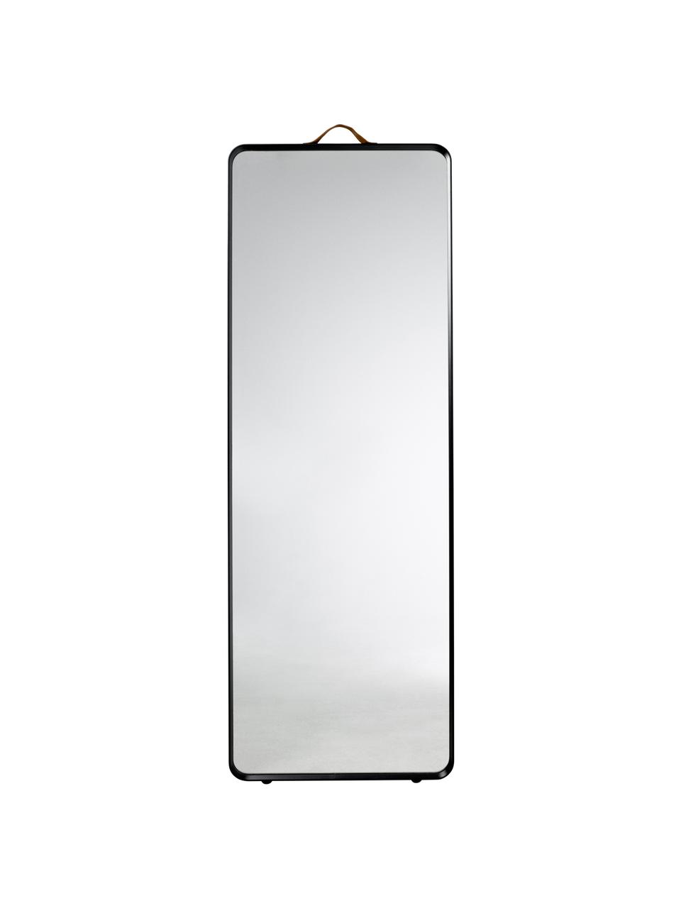 Specchio da parete con cornice in alluminio nero Norm, Cornice: alluminio verniciato a po, Manico: pelle, Superficie dello specchio: lastra di vetro, Nero, Larg. 60 x Alt. 170 cm