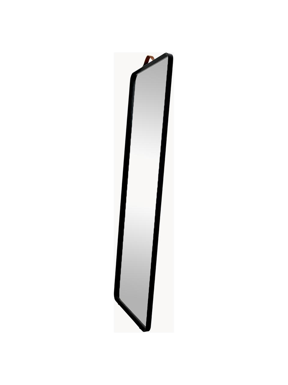 Eckiger Wandspiegel Norm mit schwarzem Aluminiumrahmen, Rahmen: Aluminium, pulverbeschich, Griff: Leder, Spiegelfläche: Spiegelglas, Schwarz, B 60 x H 170 cm