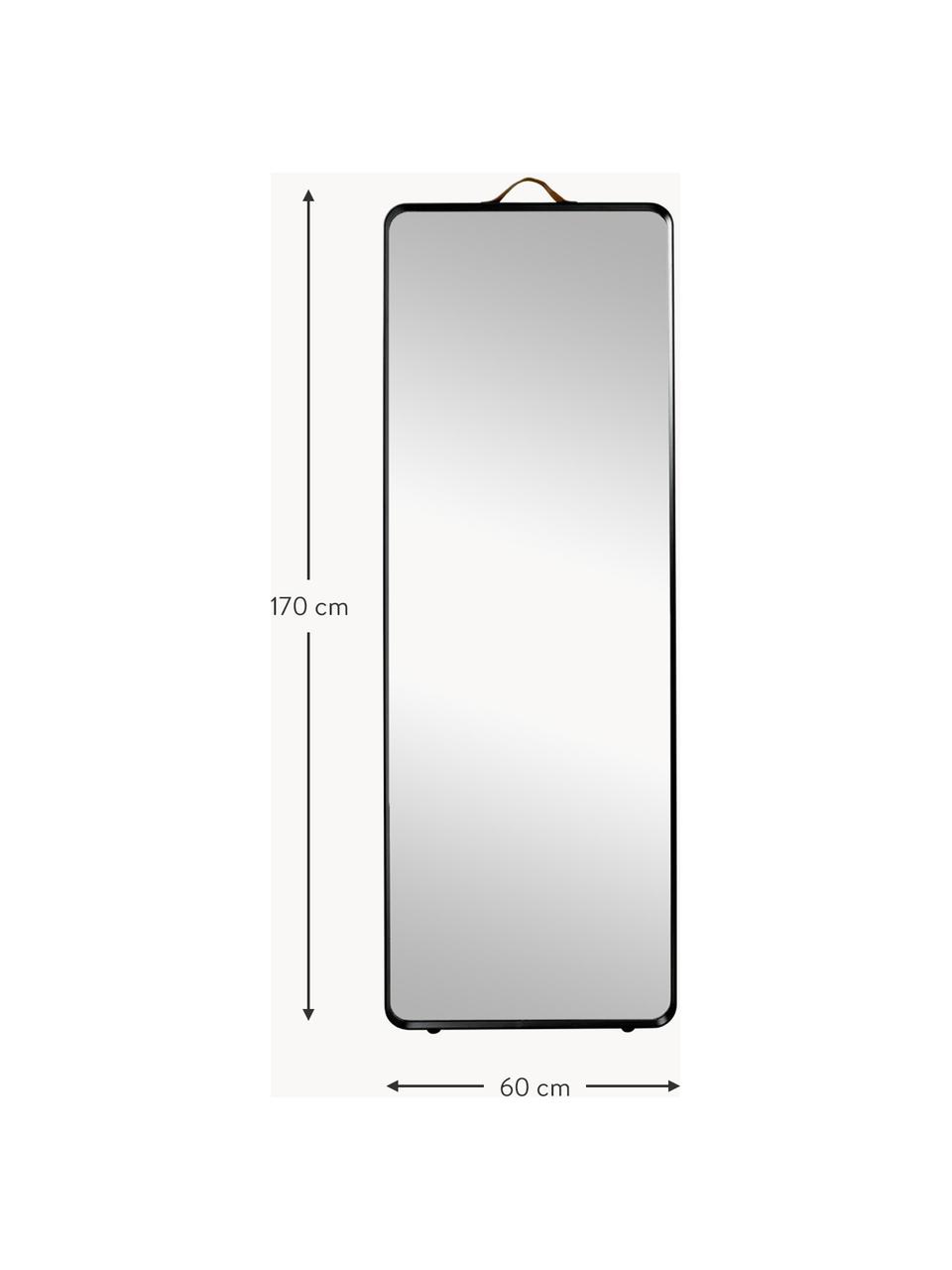 Eckiger Wandspiegel Norm mit schwarzem Aluminiumrahmen, Rahmen: Aluminium, pulverbeschich, Griff: Leder, Spiegelfläche: Spiegelglas, Schwarz, B 60 x H 170 cm