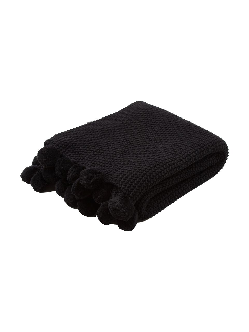 Coperta a maglia color nero con pompon Molly, 100% cotone, Nero, Larg. 130 x Lung. 170 cm