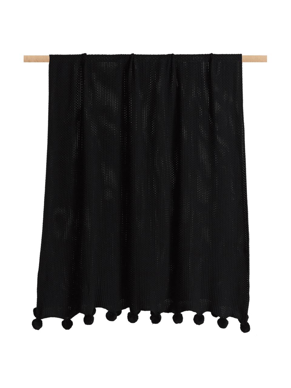Coperta a maglia color nero con pompon Molly, 100% cotone, Nero, Larg. 130 x Lung. 170 cm