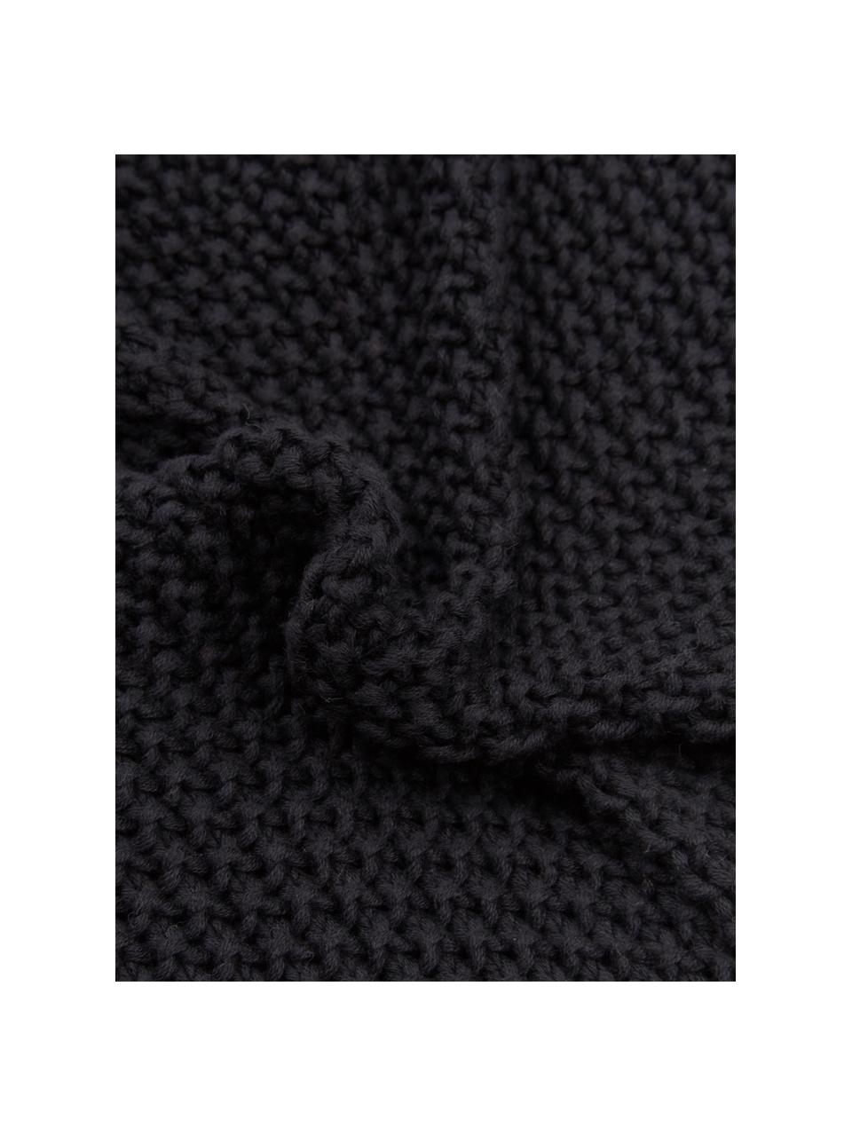 Coperta a maglia color nero con pompon Molly, 100% cotone, Nero, Larg. 130 x Lung. 170 cm