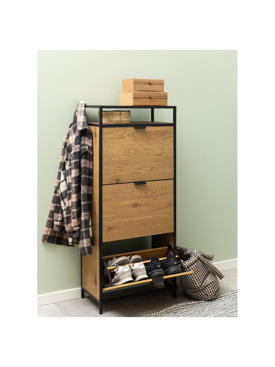 Holz-Schuhschrank Seaford mit Klappfächern, Korpus: Mitteldichte Holzfaserpla, Holz, Schwarz, B 56 x H 129 cm