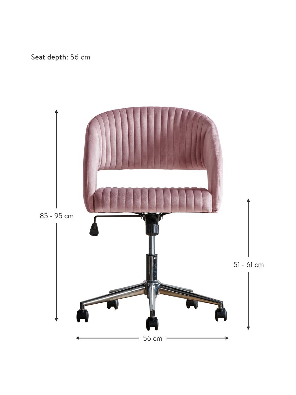 Fluwelen bureaustoel Murray, in hoogte verstelbaar, Bekleding: polyester fluweel, Poten: gegalvaniseerd metaal, Wieltjes: kunststof (nylon), Fluweel roze, chroomkleurig, B 56 x D 52 cm