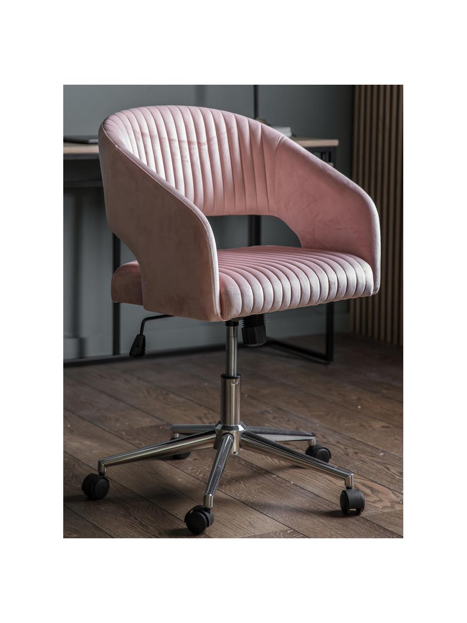 Chaise de bureau pivotante en velours Murray, hauteur ajustable, Velours rose, couleur chrome, larg. 56 x prof. 52 cm