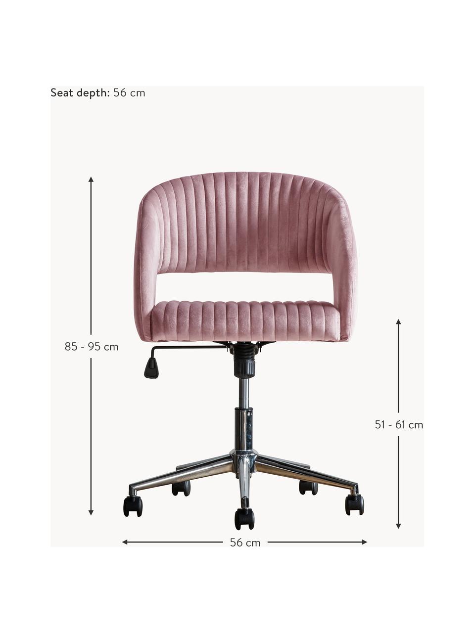 Chaise de bureau pivotante en velours Murray, hauteur ajustable, Velours rose, couleur chrome, larg. 56 x prof. 52 cm