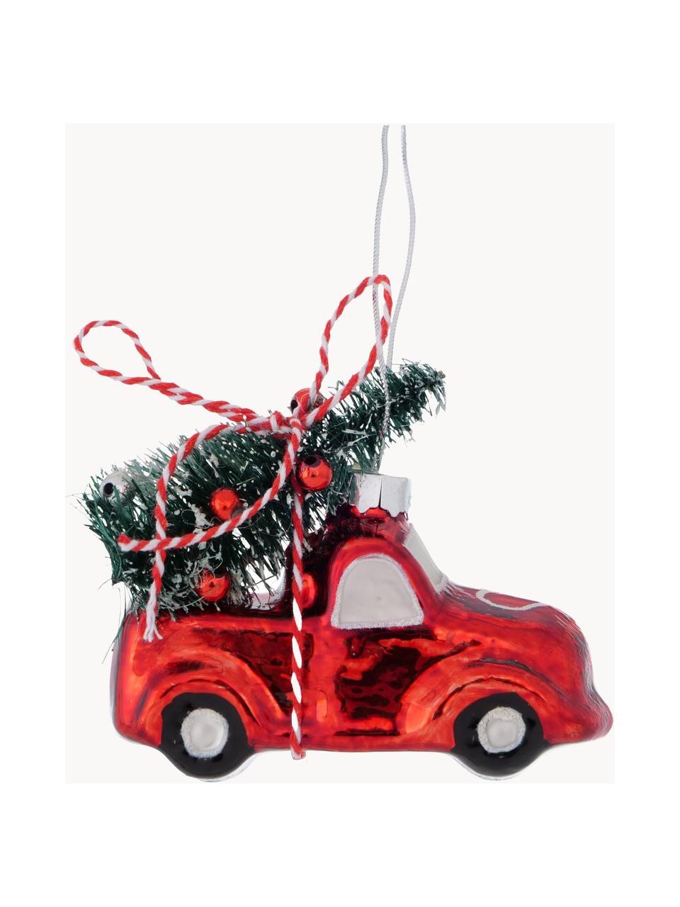 Handgefertigte Baumanhänger Little Car, 2 Stück, Glas, lackiert, Rot, Grün Weiß, B 8 x H 7 cm