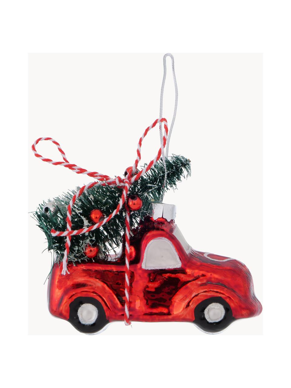 Adornos navideños artesanales Little Car, 2 uds., Vidrio pintado, Rojo, verde oscuro, blanco, An 8 x Al 7 cm