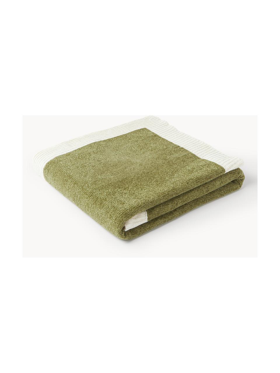 Manta de chenilla Demi, 100% algodón, Verde oliva, blanco crema, An 130 x L 170 cm