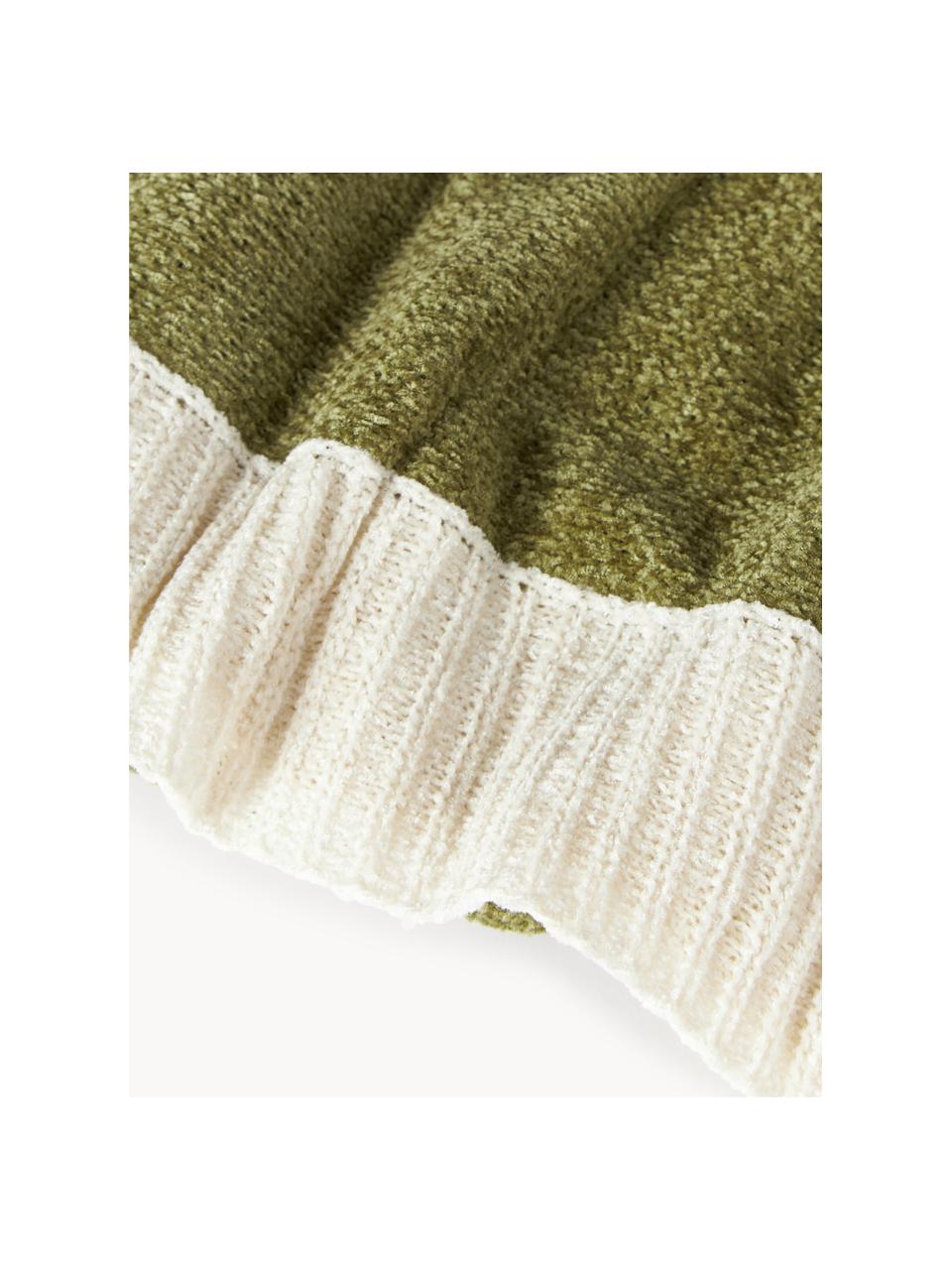 Coperta in ciniglia Demi, 100% cotone, Verde oliva, bianco crema, Larg. 130 x Lung. 170 cm