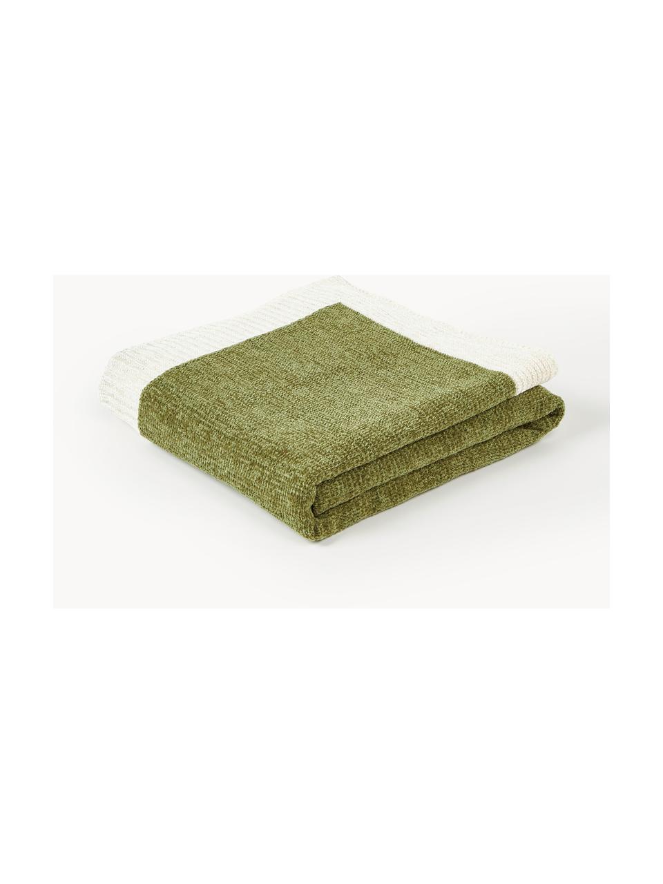 Decke Demi aus Chenille, 100 % Polyacryl, Olivgrün, Cremeweiß, B 130 x L 170 cm