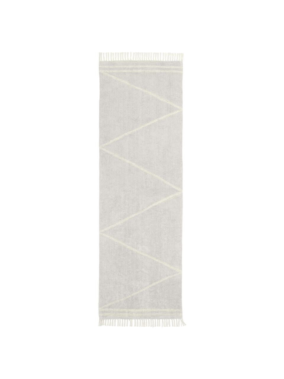 Handgetufte katoenen loper Asisa met zigzag patroon en franjes, Lichtgrijs, B 80 x L 250 cm
