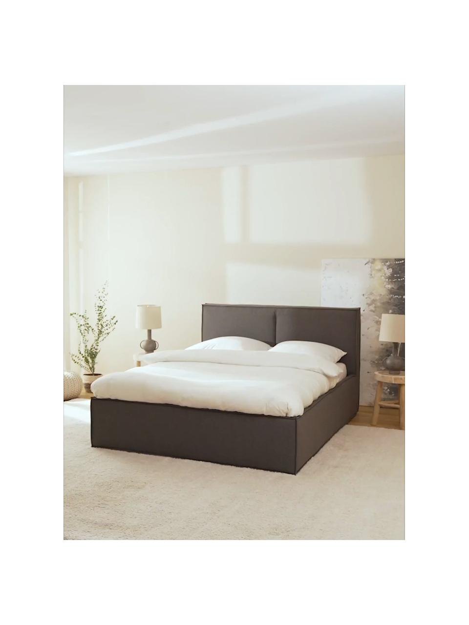 Gestoffeerd bed Dream met opbergruimte, Bekleding: polyester (gestructureerd, Frame: massief grenenhout, FSC-g, Geweven stof donkergrijs, B 180 x L 200 cm
