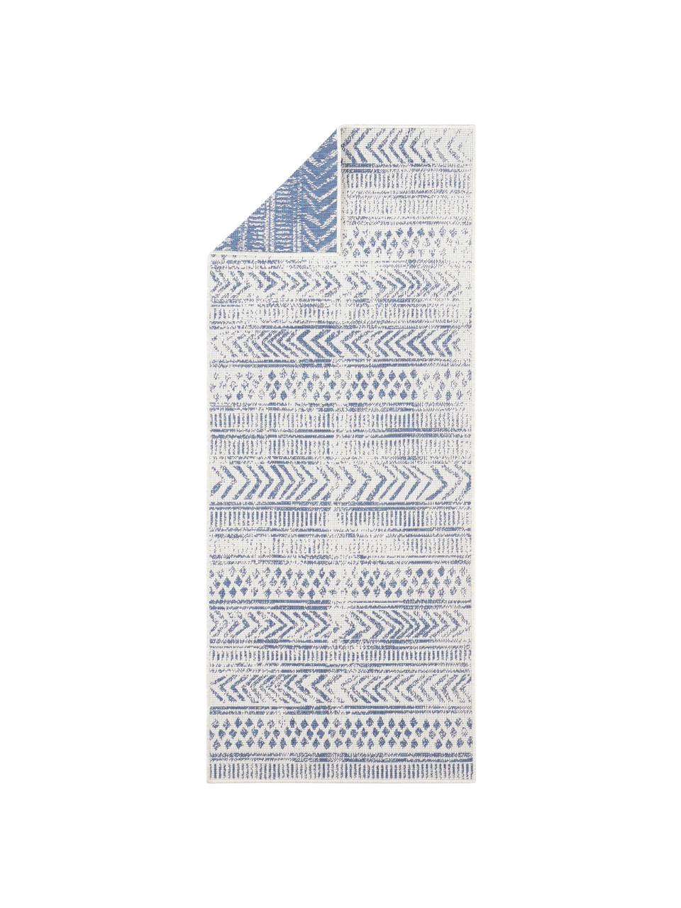 Dubbelzijdige in- en outdoor loper Biri met grafisch patroon, Polypropyleen, Blauw, crèmekleurig, 80 x 350 cm