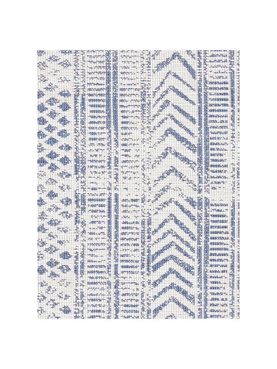 Dubbelzijdige in- en outdoor loper Biri met grafisch patroon, Polypropyleen, Blauw, crèmekleurig, 80 x 350 cm
