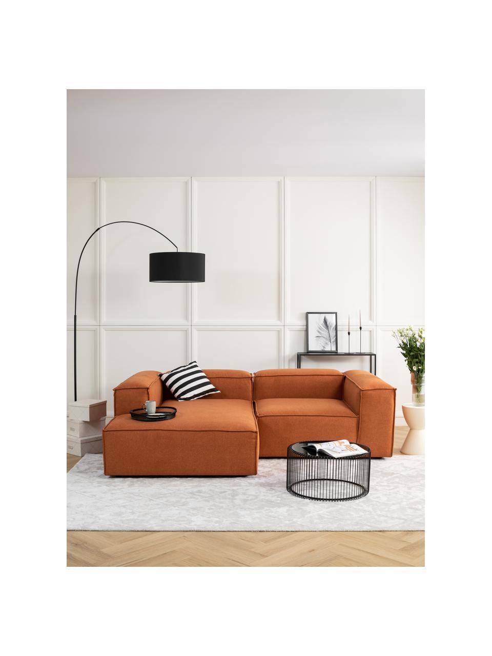 Chaise longue hoekmodule Lennon, Bekleding: 100% polyester De slijtva, Frame: massief grenenhout, FSC-g, Poten: kunststof, Geweven stof terracotta, B 119 x D 180 cm, hoekdeel links