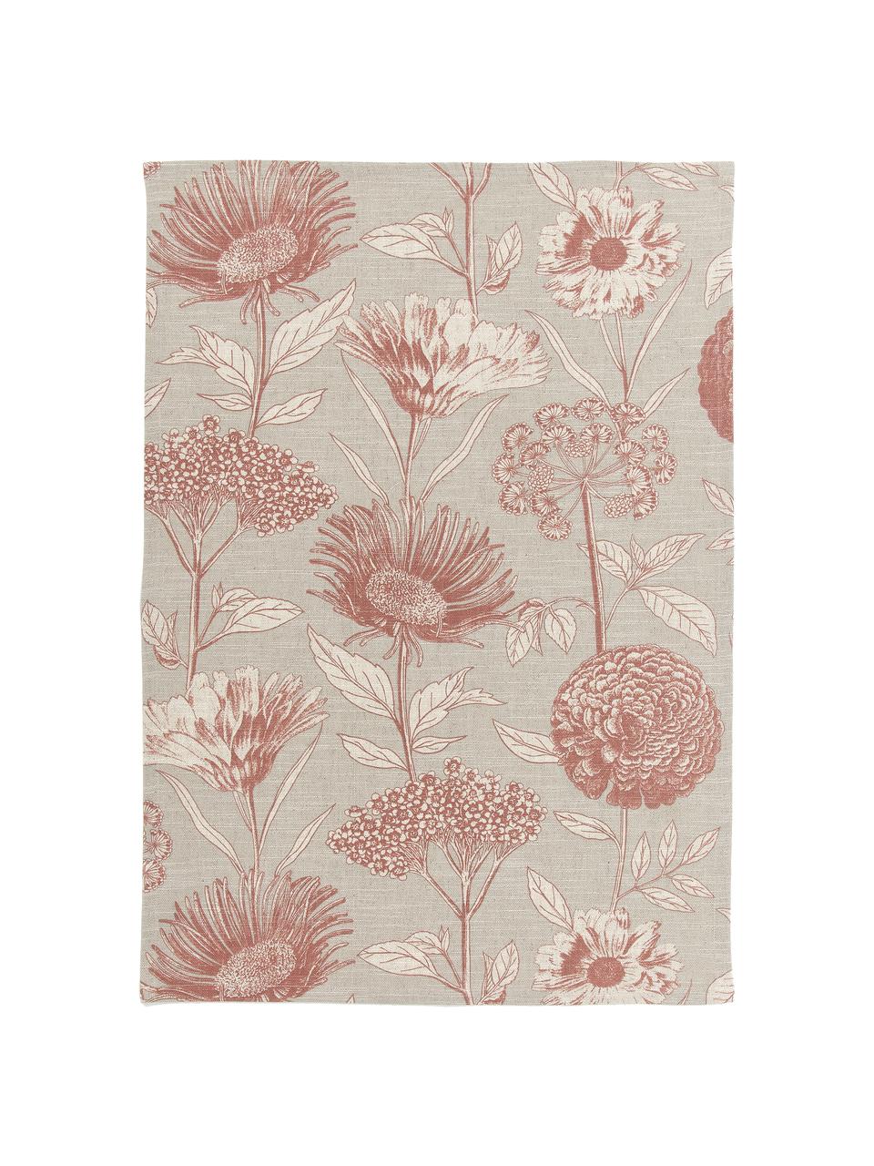 Theedoeken Freya met bloemen motief, 2 stuks, 86 % katoen, 14 % linnen, Beige, rood, B 50 cm x L 70 cm