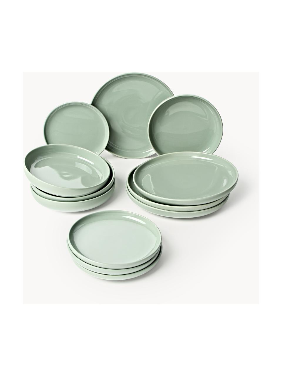 Vajilla de porcelana Nessa, 4 comensales (12 pzas.), Porcelana dura de alta calidad esmaltada, Verde salvia brillante, 4 comensales (12 pzas.)