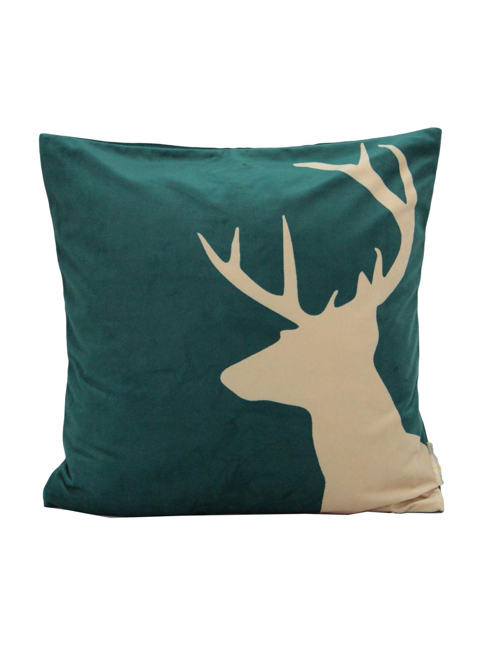 Fluwelen kussenhoes Reindeer, Polyesterfluweel, Groen, beige, 45 x 45 cm