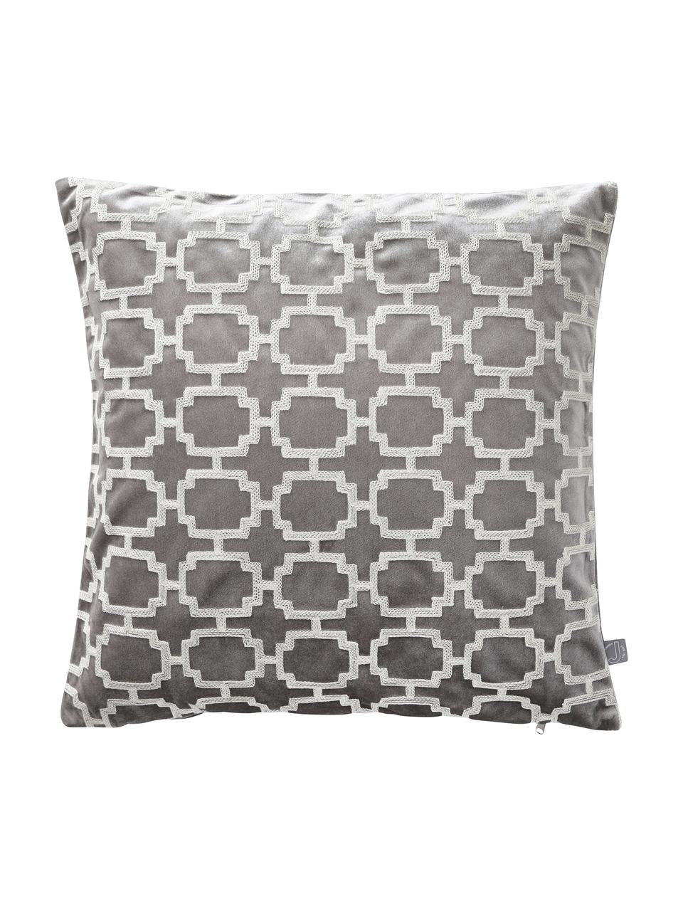 Housse de coussin 43x43 velours brodé gris Simone, Gris, blanc cassé