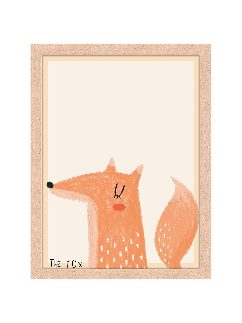 Ingelijste digitale print The Fox, Frame: beukenhout, Afbeelding: digitale print op papier,, Licht hout, oranje, B 33 x H 43 cm