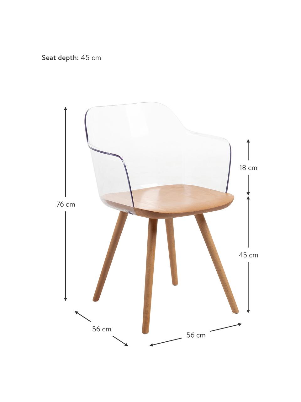 Chaise à accoudoirs transparente Bjorg, 2 pièces, Transparent, hêtre, larg. 56 x prof. 56 cm