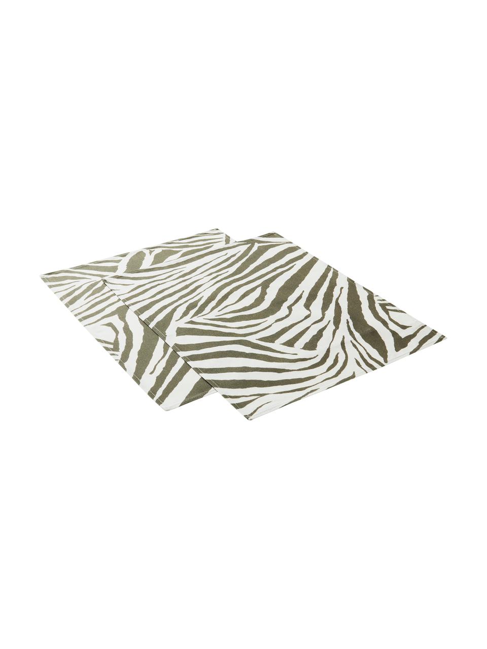 Placemats Zadie met zebrapatroon, 2 stuks, 100% katoen, Olijfgroen, crèmewit, B 35 x L 45 cm