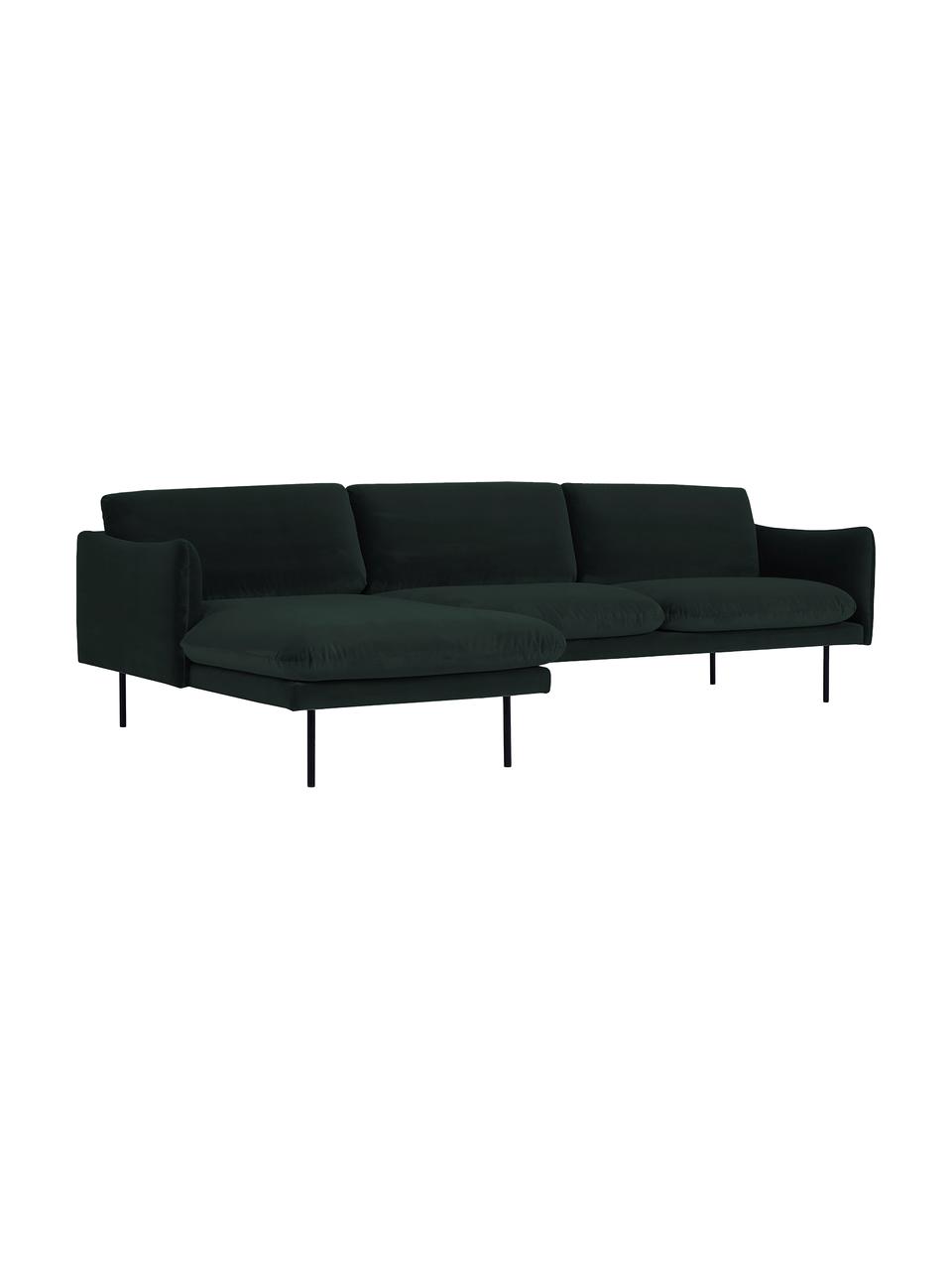 Canapé d'angle en velours et pieds en métal Moby, Velours vert foncé, larg. 280 x prof. 160 cm, méridienne à gauche