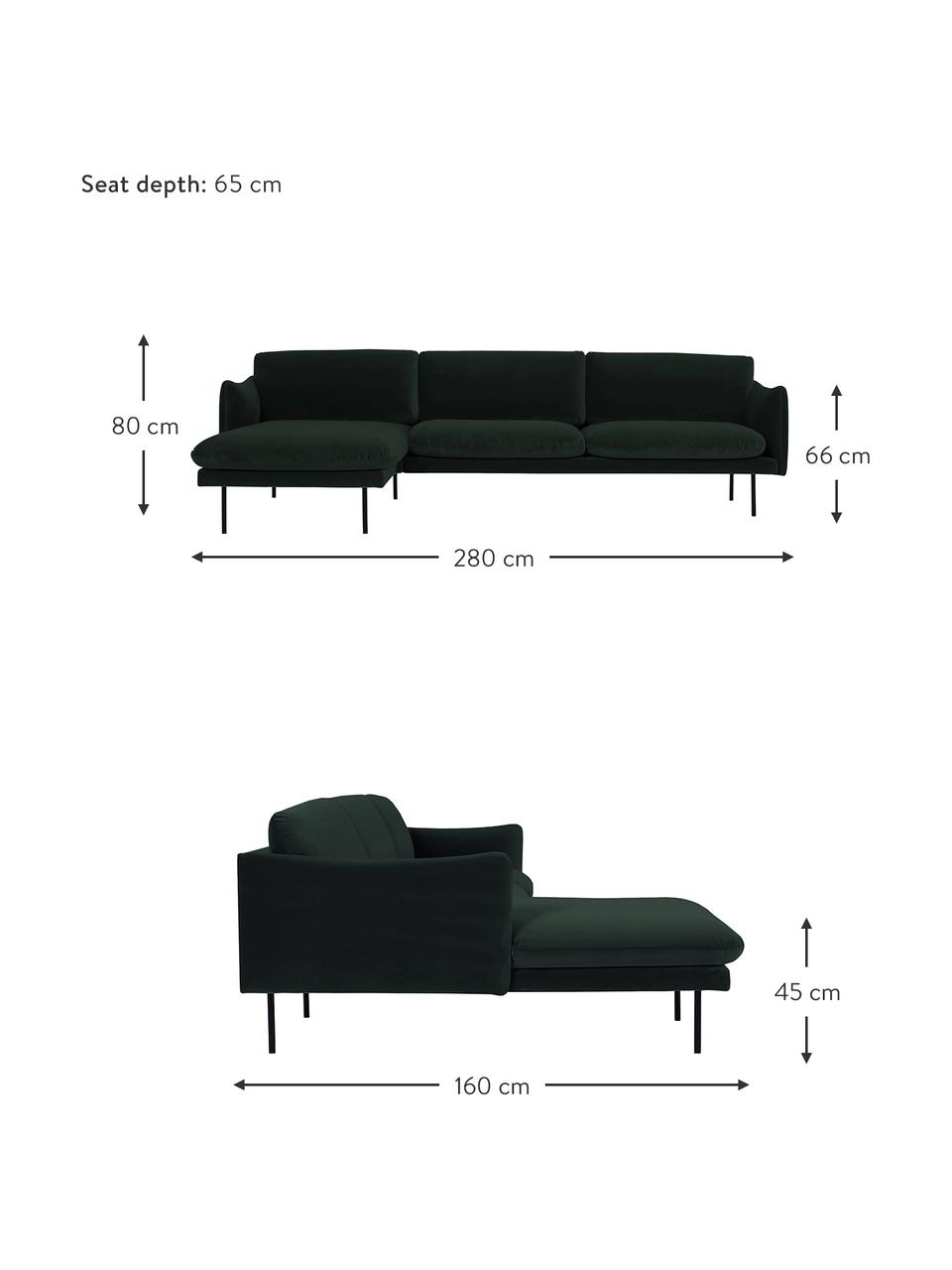 Canapé d'angle en velours pieds en métal Moby, Velours vert foncé, larg. 280 x prof. 160 cm, méridienne à gauche