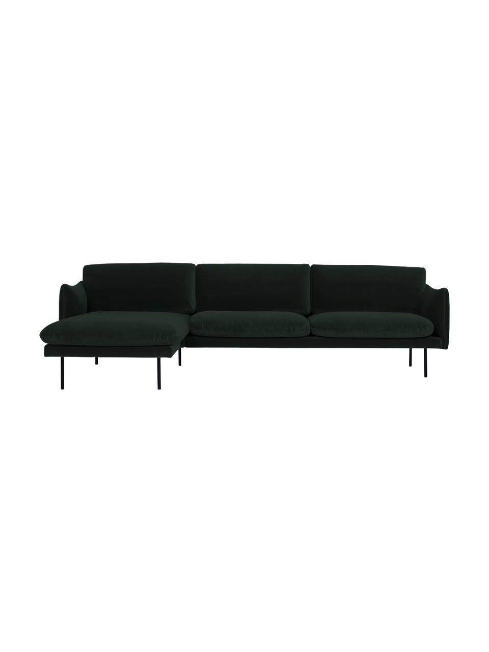 Fluwelen hoekbank Moby met metalen poten, Bekleding: fluweel (hoogwaardig poly, Frame: massief grenenhout, FSC-g, Poten: gepoedercoat metaal, Fluweel donkergroen, B 280 x D 160 cm, hoekdeel links
