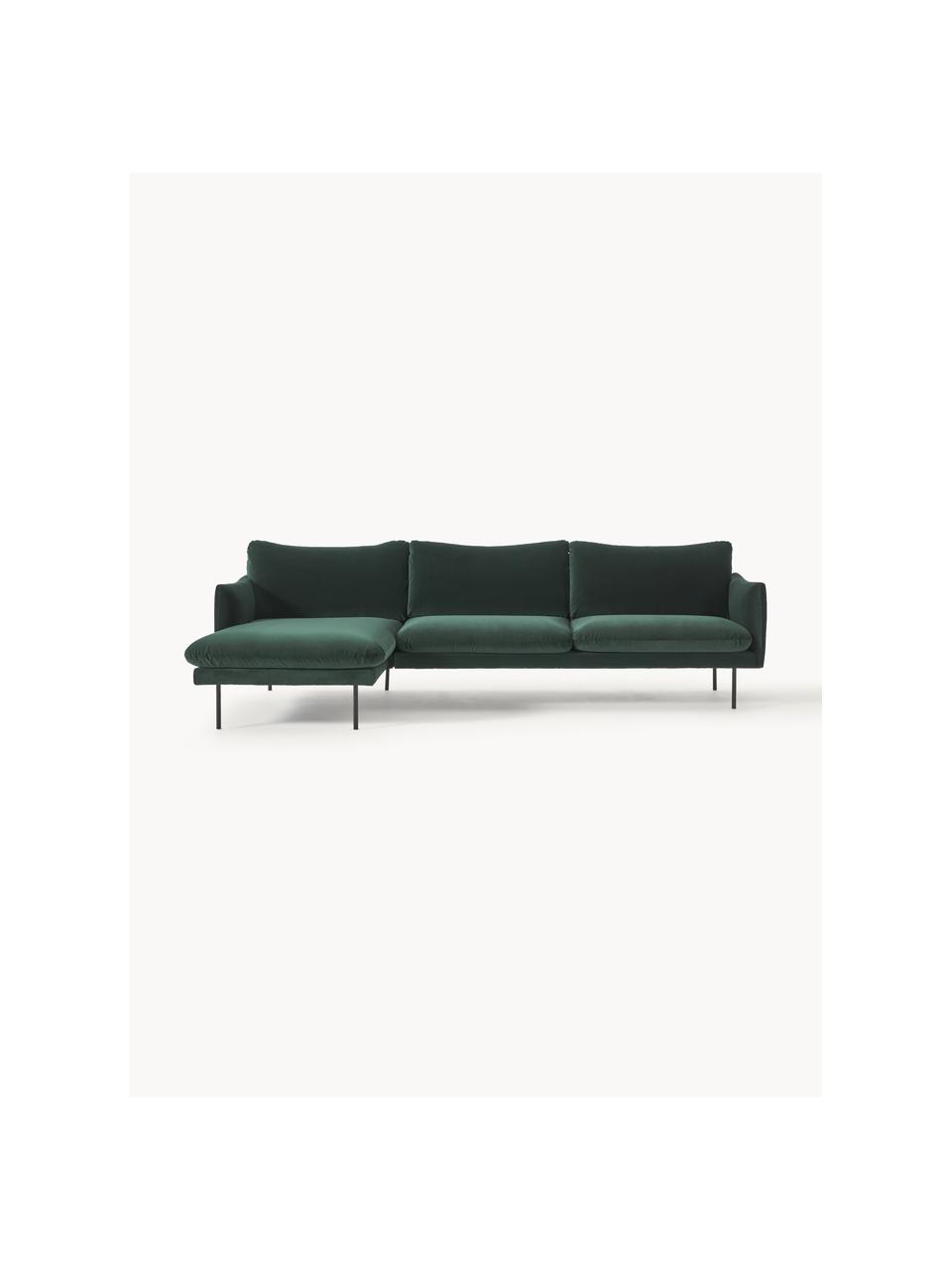 Divano angolare in velluto Moby, Rivestimento: velluto (rivestimento in , Struttura: legno di pino massiccio, Piedini: metallo verniciato a polv, Velluto verde scuro, Larg. 280 x Prof. 160 cm, chaise longue a sinistra