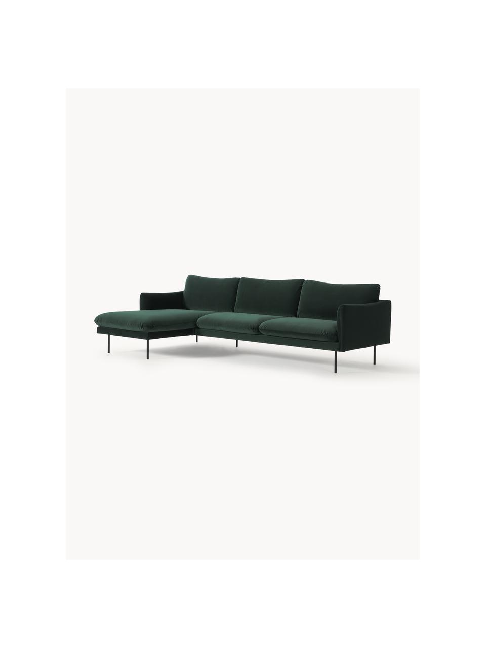 Divano angolare in velluto Moby, Rivestimento: velluto (rivestimento in , Struttura: legno di pino massiccio, Piedini: metallo verniciato a polv, Velluto verde scuro, Larg. 280 x Prof. 160 cm, chaise longue a sinistra