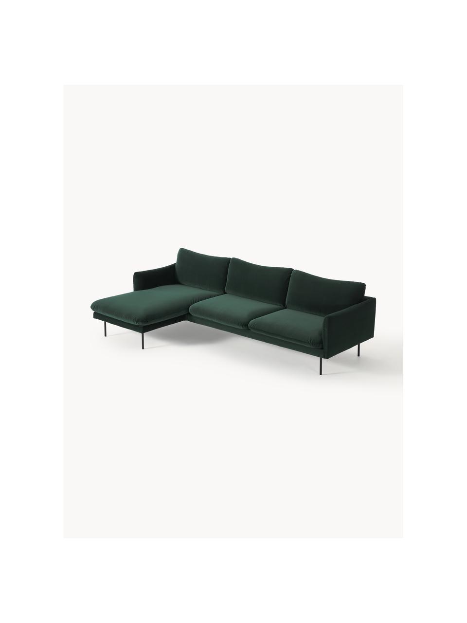 Divano angolare in velluto Moby, Rivestimento: velluto (rivestimento in , Struttura: legno di pino massiccio, Piedini: metallo verniciato a polv, Velluto verde scuro, Larg. 280 x Prof. 160 cm, chaise longue a sinistra