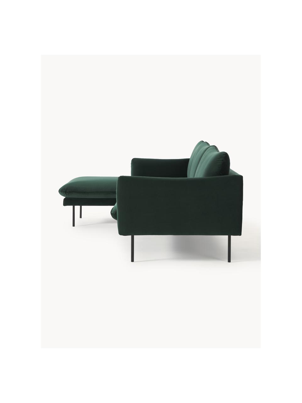 Divano angolare in velluto Moby, Rivestimento: velluto (rivestimento in , Struttura: legno di pino massiccio, Piedini: metallo verniciato a polv, Velluto verde scuro, Larg. 280 x Prof. 160 cm, chaise longue a sinistra