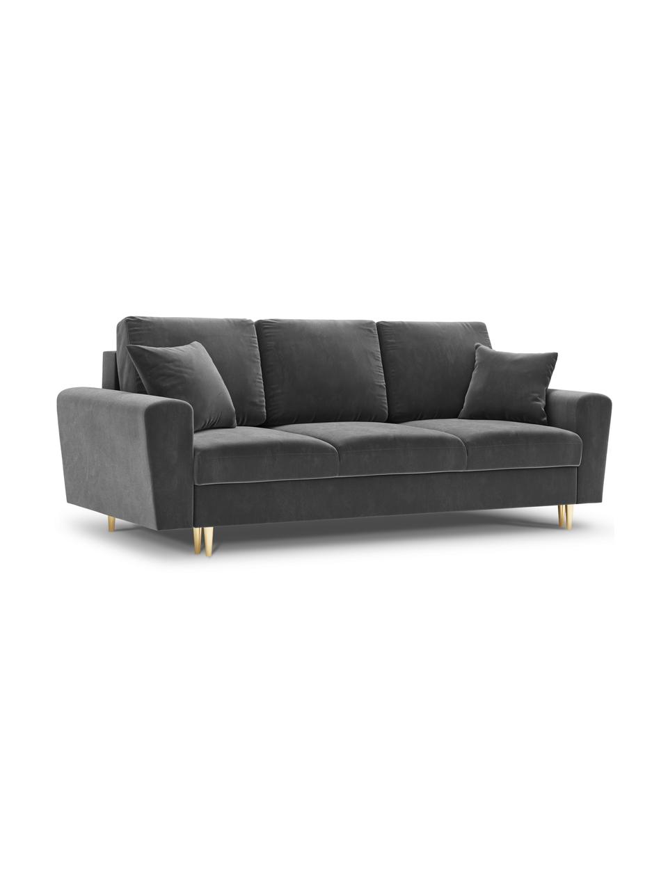 Canapé d'angle 3 places en velours avec rangement Moghan, Velours gris clair, couleur dorée, larg. 235 x prof. 100 cm