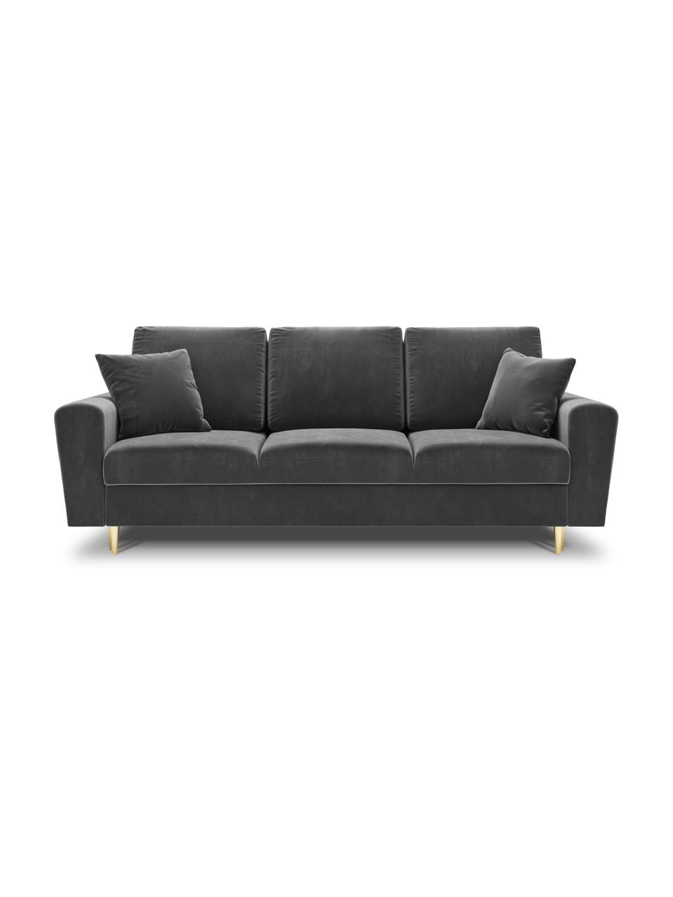 Sofá cama de terciopelo Moghan (3 plazas), con espacio de almacenamiento, Tapizado: 100% terciopelo de poliés, Estructura: madera de pino maciza, ag, Patas: metal revestido, Terciopelo gris claro, patas dorado, An 235 x F 100 cm