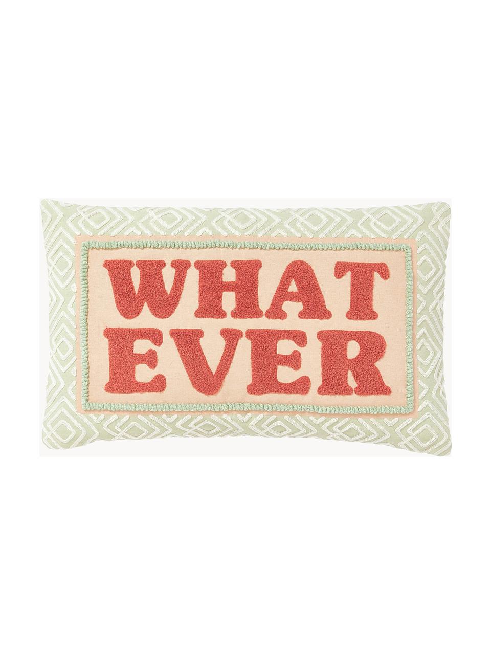 Housse de coussin avec slogan brodé Whatever, Vert sauge, rouge corail, abricot, larg. 30 x long. 50 cm