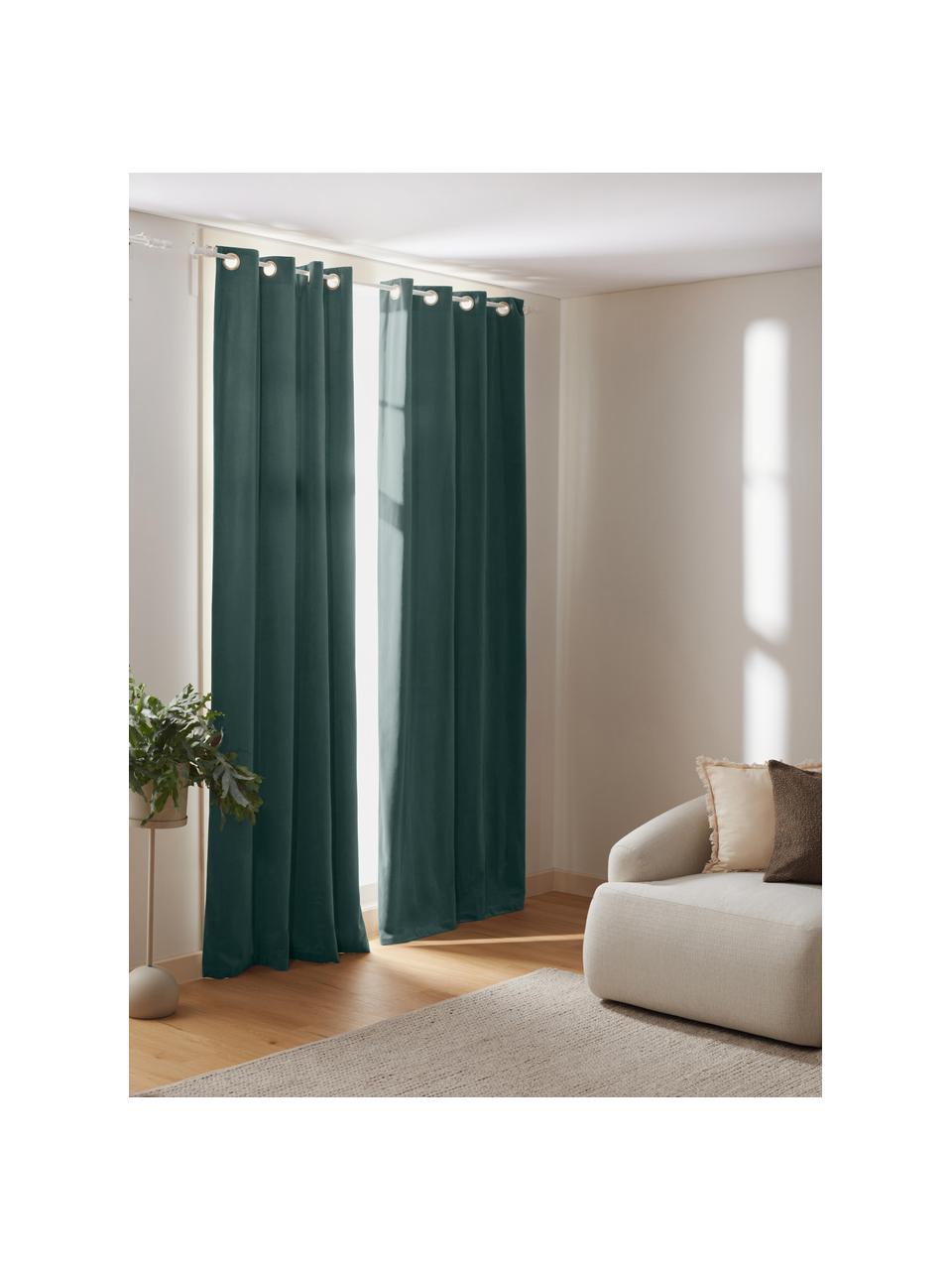 Cortinas oscurecedoras de terciopelo con ojales Rush, 2 uds., 100% poliéster (reciclado) con certificado GRS, Verde oscuro, An 135 x L 260 cm