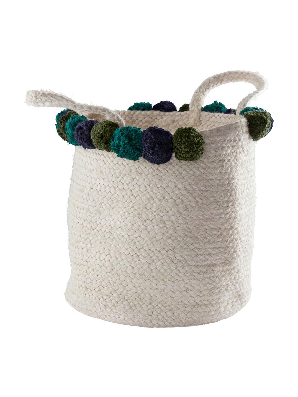 Cesta Pompom, Cesta: yute, Blanco, azul, verde, Ø 35 cm