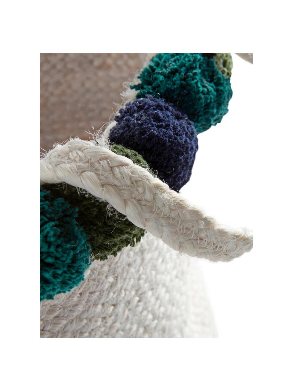 Opbergmand Pompom, Mand: jute, Wit, blauw, groen, Ø 35 cm