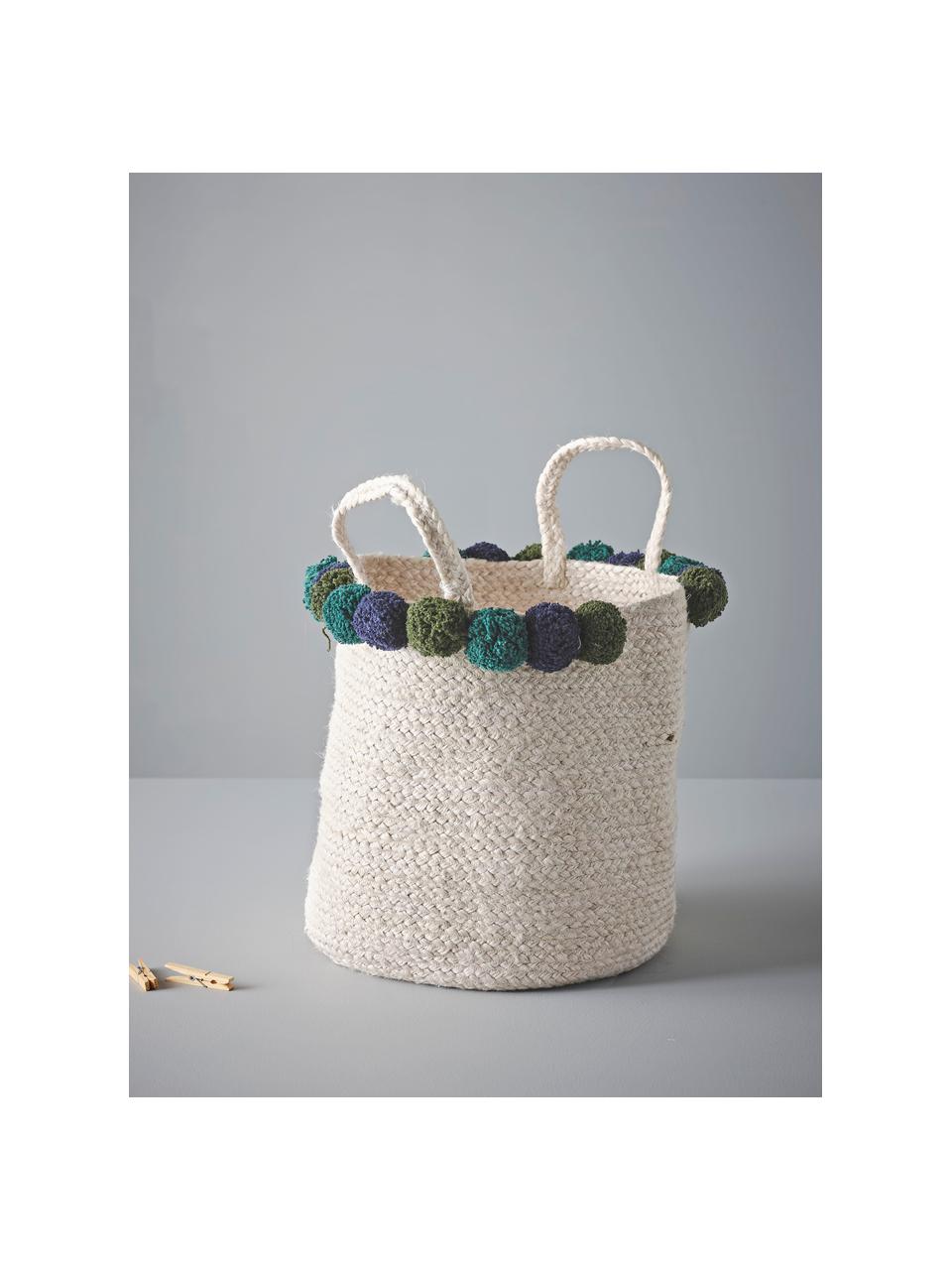 Cesta Pompom, Cesta: yute, Blanco, azul, verde, Ø 35 cm