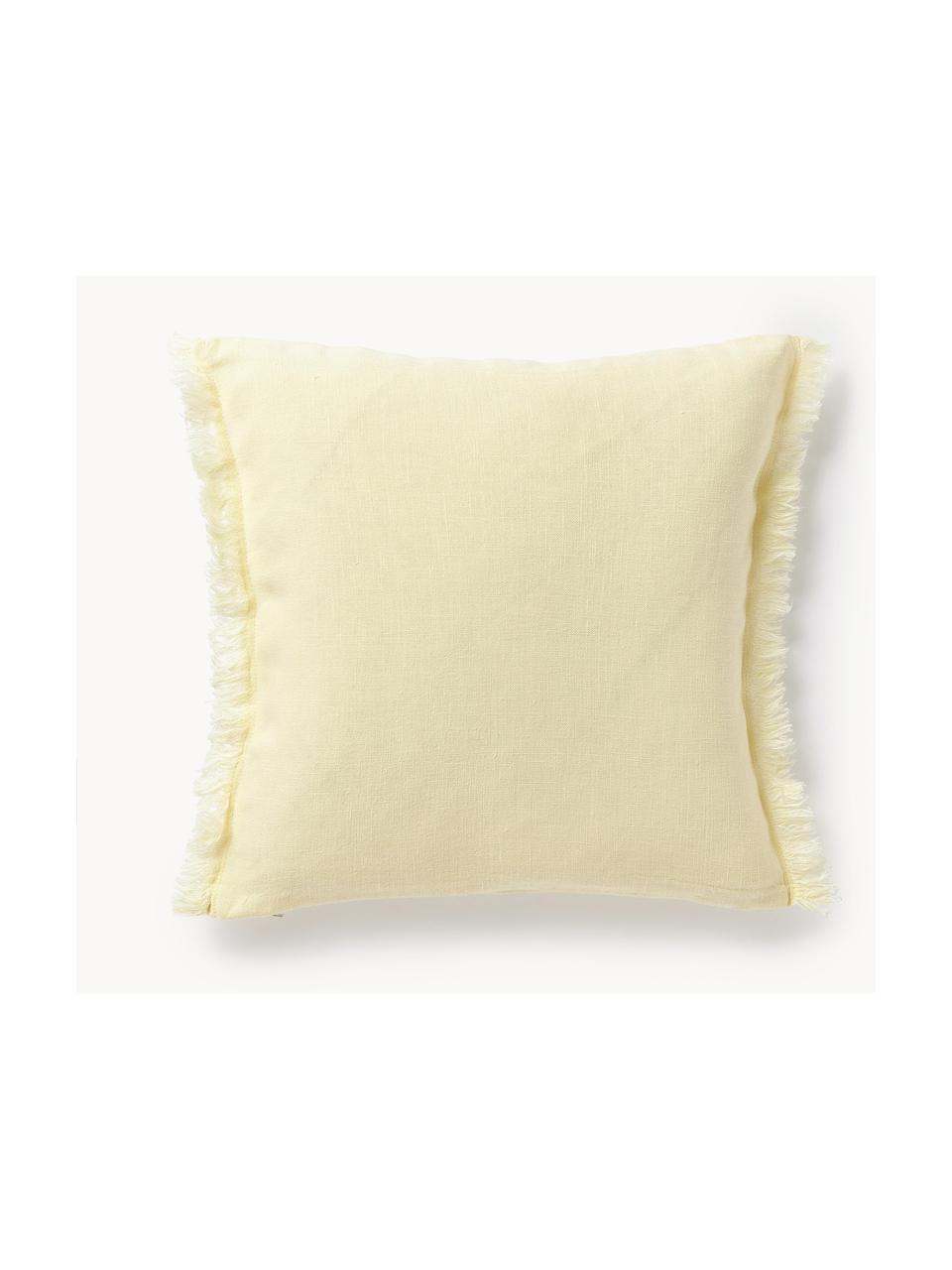 Housse de coussin en lin à franges Luana, 100 % pur lin

Le lin est naturellement doté d'un toucher plutôt rugueux et d'un aspect froissé
Sa résistance élevée au accrocs lui confère robustesse et longévité, Jaune, larg. 40 x long. 40 cm