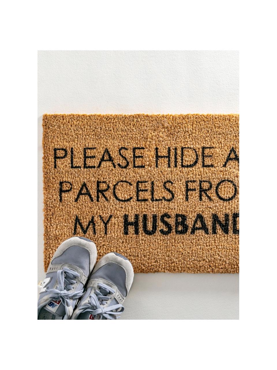 Deurmat Please hide all parcels from my husband, Bruin, B 40 x L 60 cm