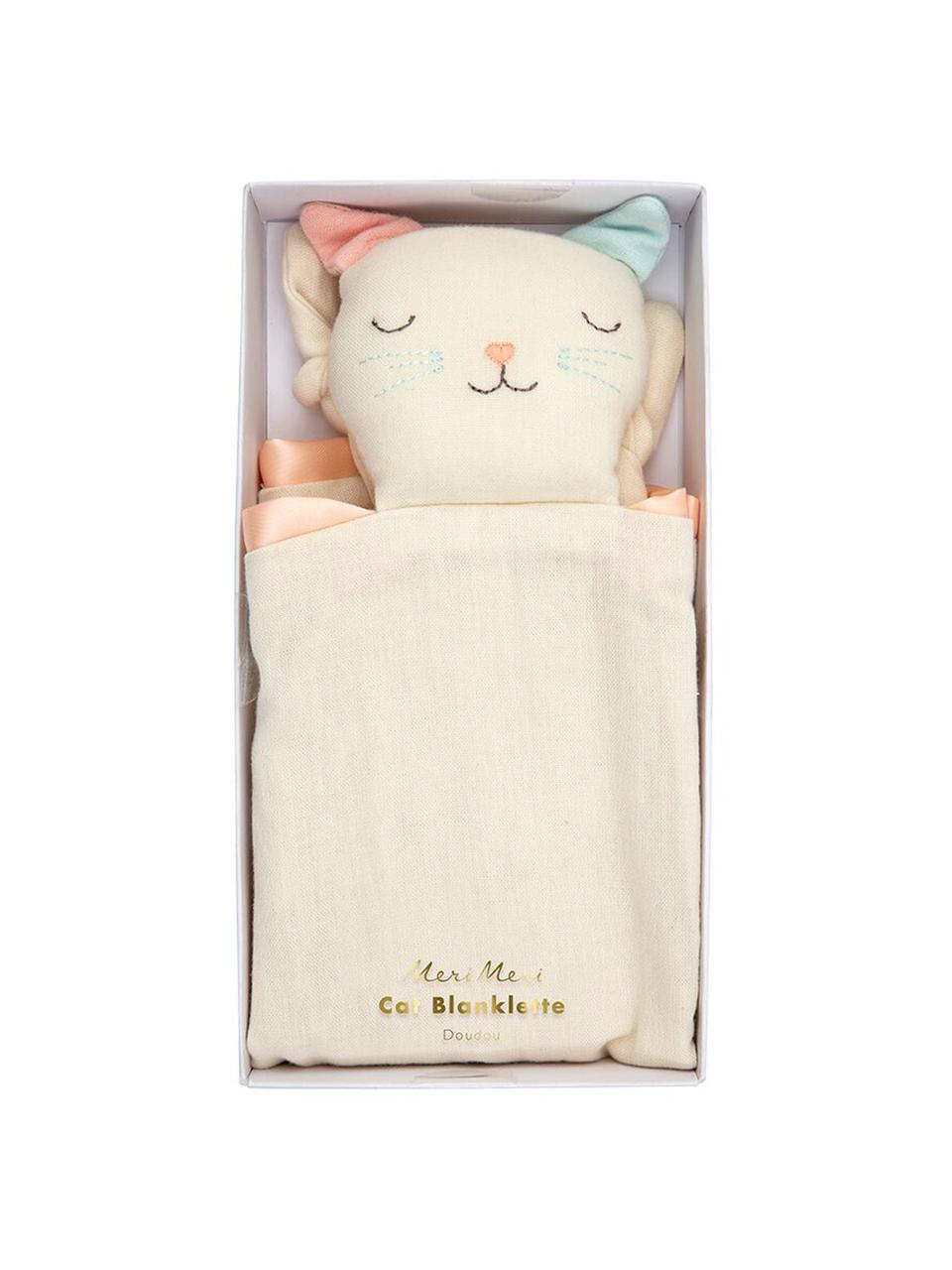 Doudou de algodón orgánico Cat, Borde: agodón satinado, Blanco crema, rosa, azul claro, An 40 x L 46 cm