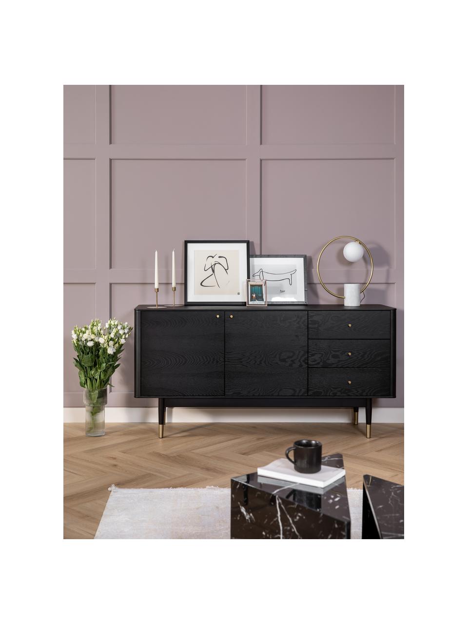 Enfilade noire Fenwood, Noir, couleur laiton, larg. 160 x haut. 79 cm